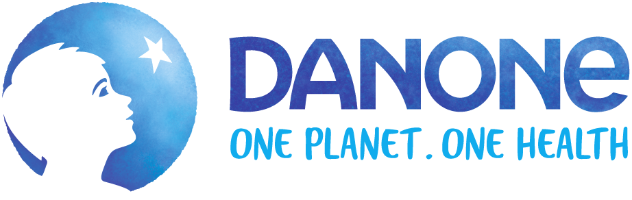 Danone logo with silhouette of a child's face looking at a star and the slogan One Planet. One Health.