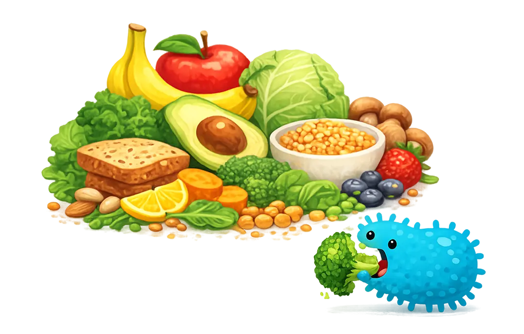 Illustration of various fruits, vegetables, nuts, and grains with a cartoon microbe eating broccoli.