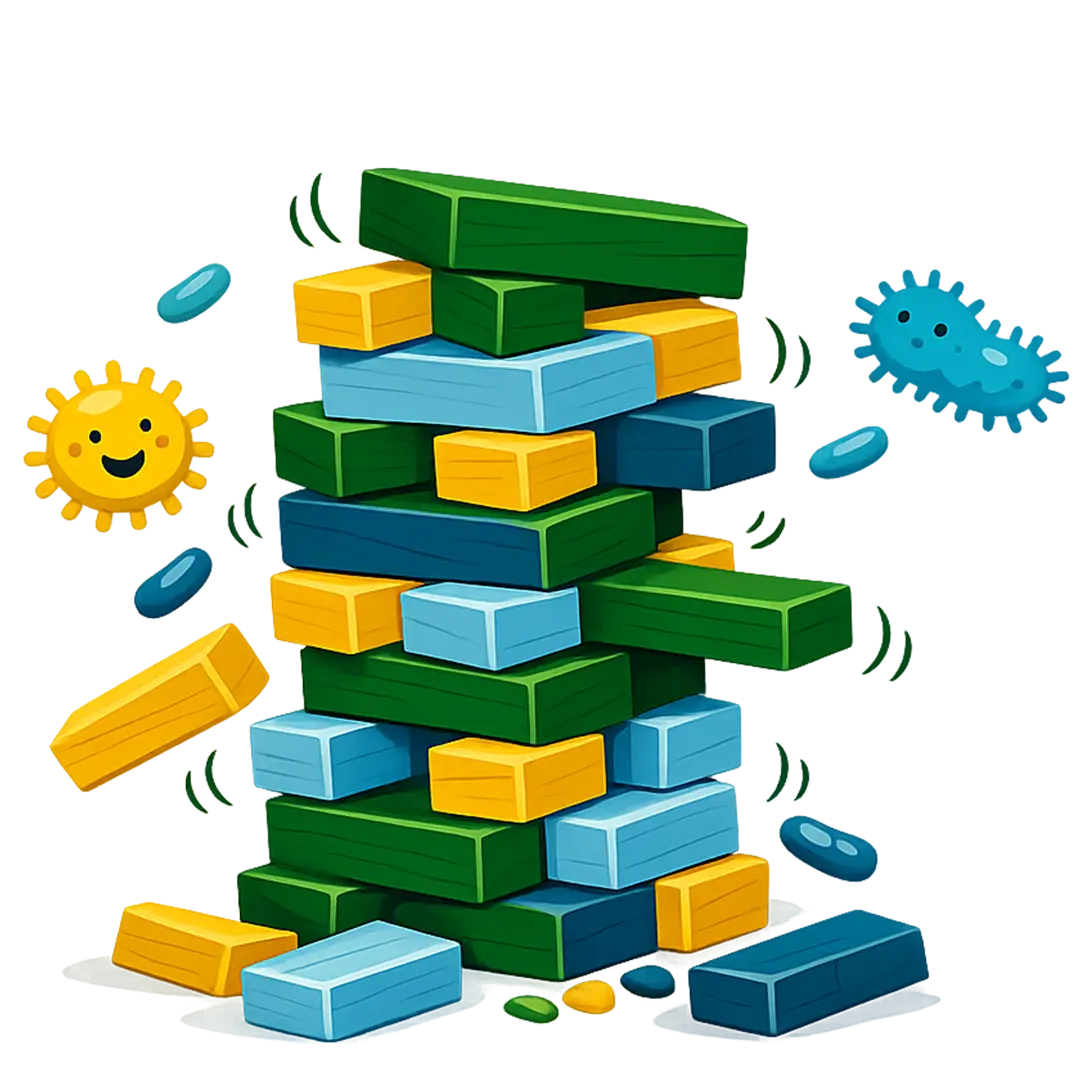 Colorful wooden blocks stacked unevenly with smiling sun and bacteria cartoons nearby.