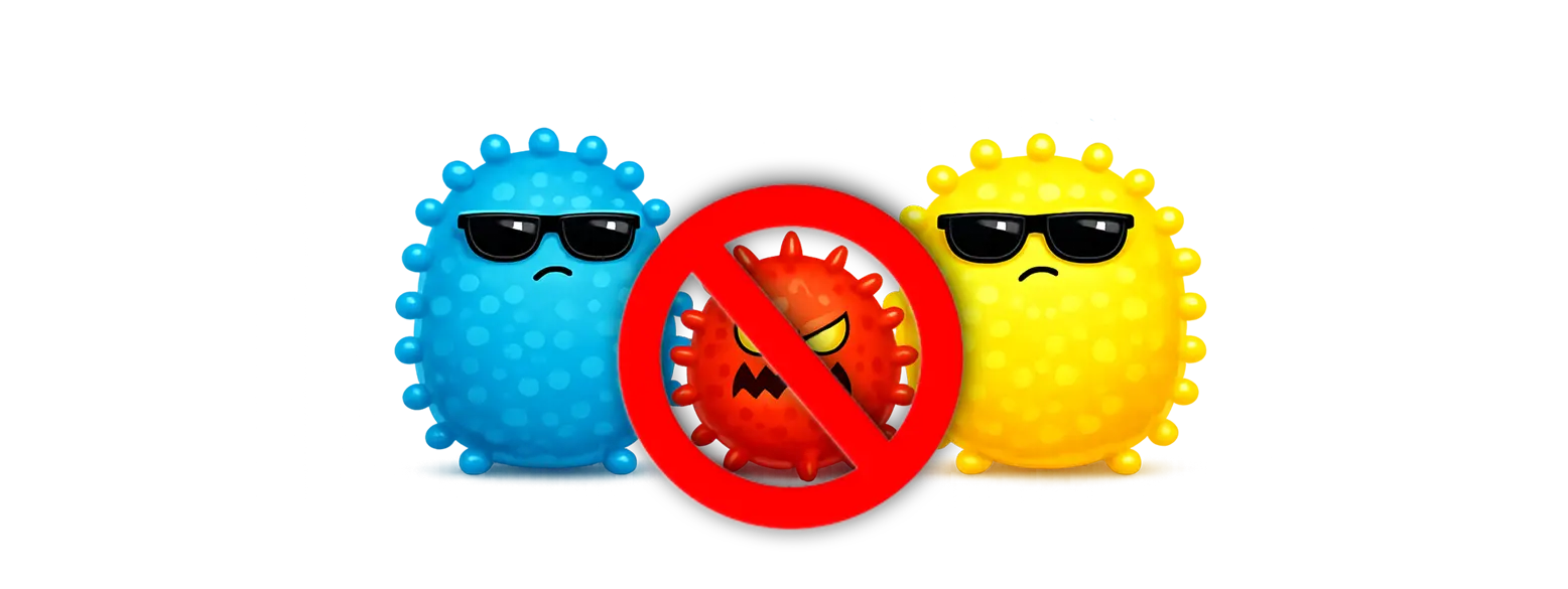 Blue and yellow cartoon cells wearing sunglasses blocking an angry red virus with a prohibition sign.