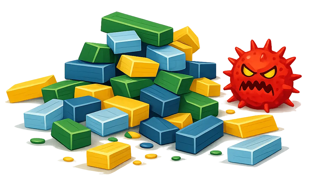 Angry red virus figure next to a pile of multicolored rectangular blocks and small round pieces.