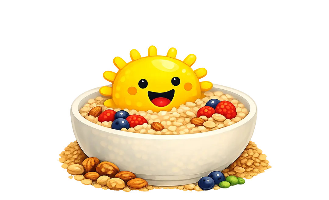 Smiling cartoon sun rising from a bowl of oatmeal with berries and nuts around it.