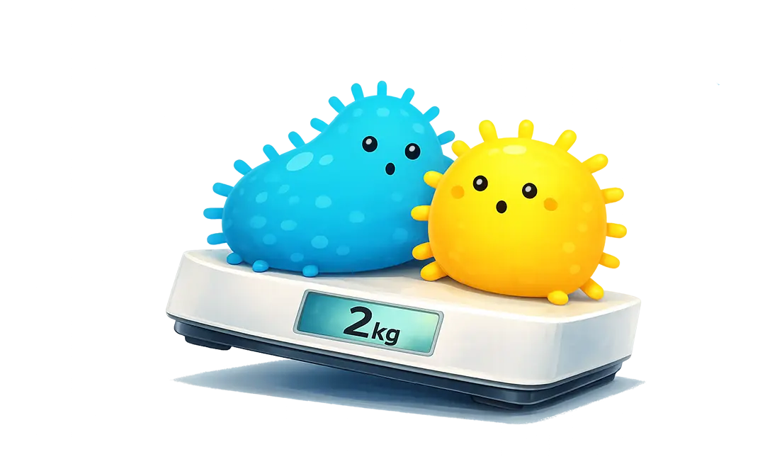 Blue and yellow cartoon germ figures on a white scale displaying 2 kg.