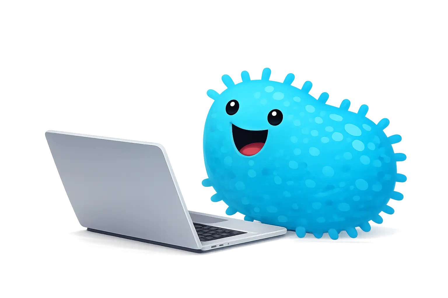 Happy blue cartoon microbe character next to an open silver laptop on a dark background.