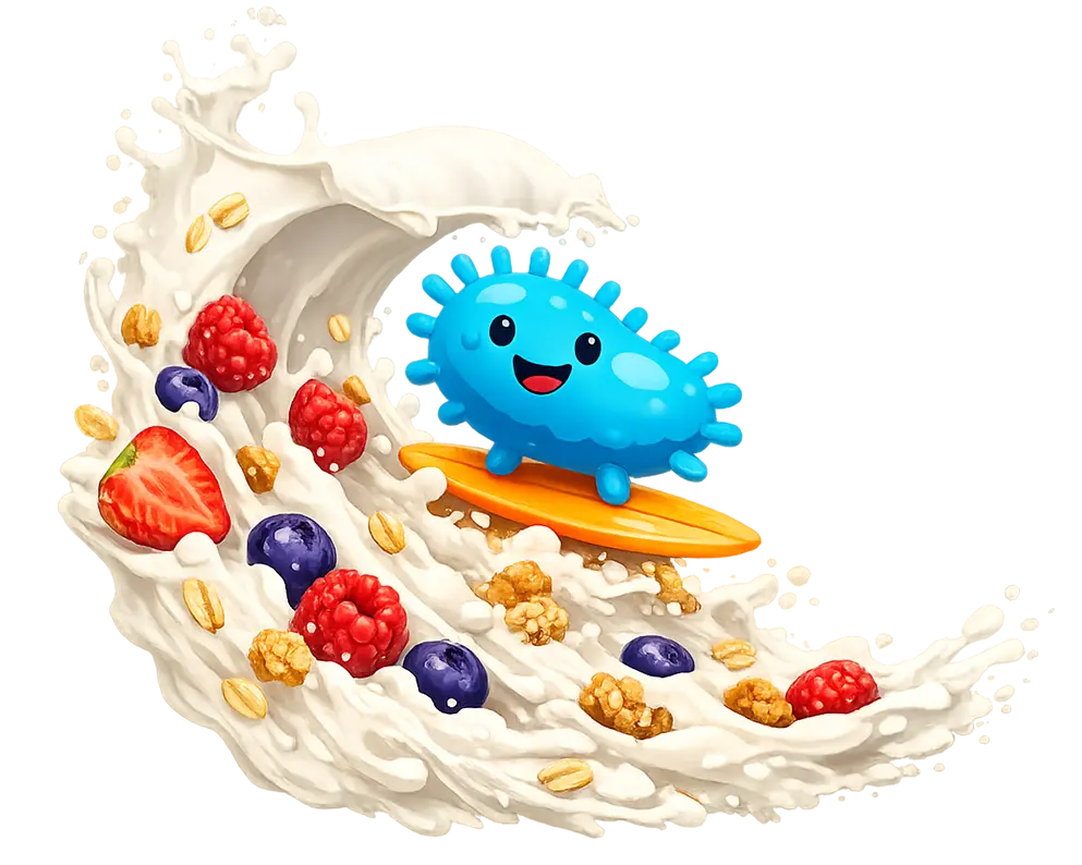 Blue cartoon microbe surfing on orange board on a wave of milk with berries and granola.