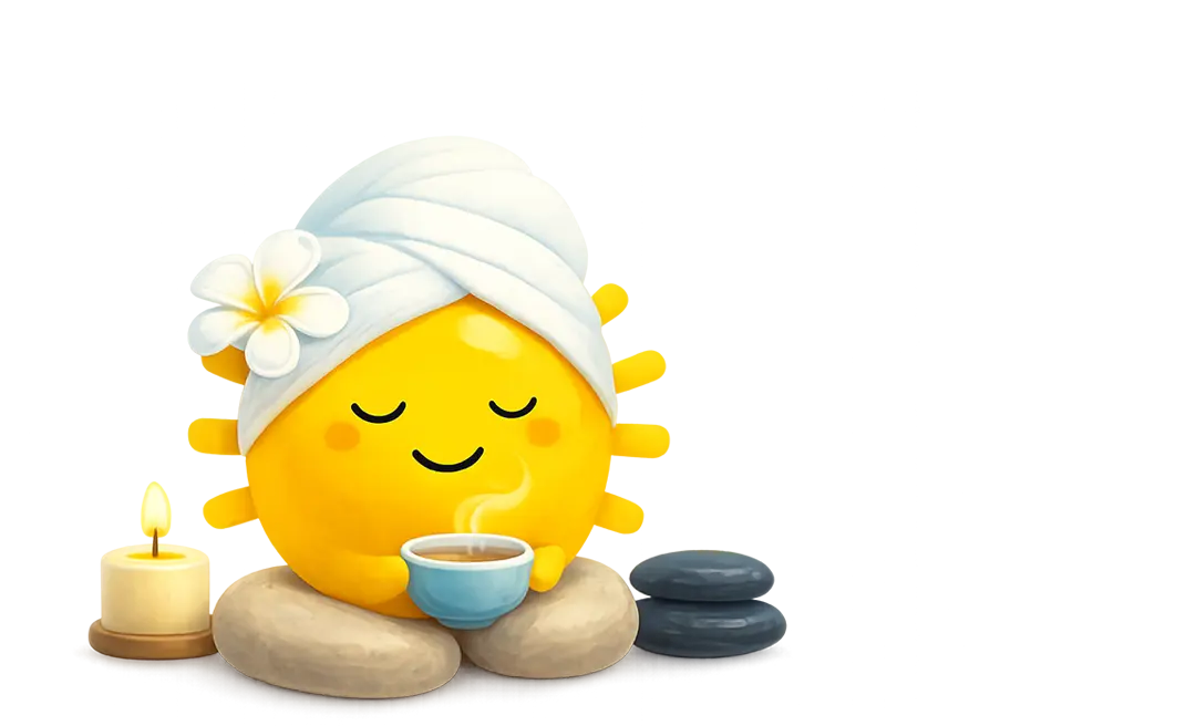 Yellow sun emoticon with a white towel and flower sipping a hot drink, surrounded by spa stones and candle.